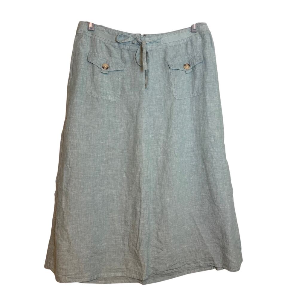 NEW Vintage 100% Linen Midi Button Front Skirt Womens 12 Pockets Blue Drawstring